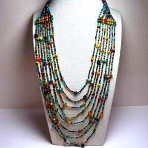 Multicolored Gemstone and Glass Seed bead Multi-strand Statement Necklace
